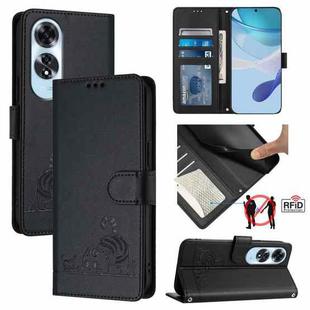 For OPPO A60 4G Global Cat Rat Embossed Pattern RFID Leather Phone Case with Lanyard(Black)