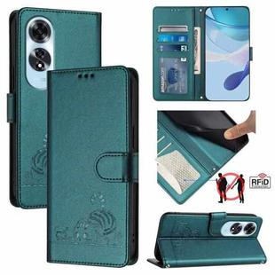 For OPPO A60 4G Global Cat Rat Embossed Pattern RFID Leather Phone Case with Lanyard(Peacock Green)