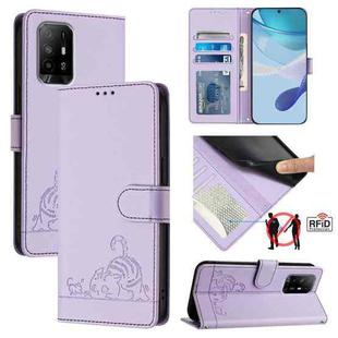 For OPPO A74 4G / F19 / F19S Cat Rat Embossed Pattern RFID Leather Phone Case with Lanyard(Purple)