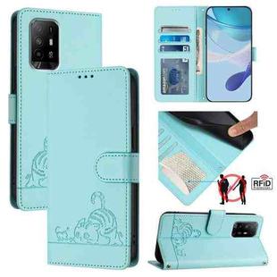 For OPPO A95 4G Global / Reno6 Lite Cat Rat Embossed Pattern RFID Leather Phone Case with Lanyard(Mint Green)