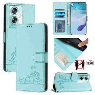 For OPPO A79 5G Global Cat Rat Embossed Pattern RFID Leather Phone Case with Lanyard(Mint Green)