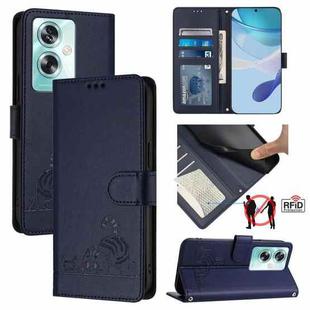 For OPPO A79 5G Global Cat Rat Embossed Pattern RFID Leather Phone Case with Lanyard(Blue)