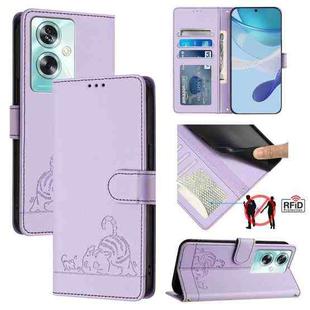 For OPPO A79 5G Global Cat Rat Embossed Pattern RFID Leather Phone Case with Lanyard(Purple)