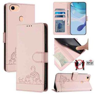 For OPPO F17 / A73 2020 4G Global Cat Rat Embossed Pattern RFID Leather Phone Case with Lanyard(Pink)