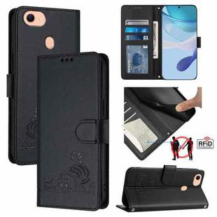 For OPPO F17 / A73 2020 4G Global Cat Rat Embossed Pattern RFID Leather Phone Case with Lanyard(Black)