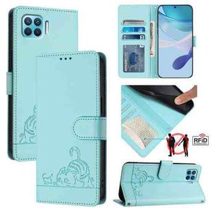 For OPPO F17 Pro / A93 2020 4G Global Cat Rat Embossed Pattern RFID Leather Phone Case with Lanyard(Mint Green)