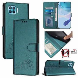 For OPPO F17 Pro / A93 2020 4G Global Cat Rat Embossed Pattern RFID Leather Phone Case with Lanyard(Peacock Green)