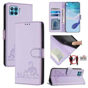 For OPPO F17 Pro / A93 2020 4G Global Cat Rat Embossed Pattern RFID Leather Phone Case with Lanyard(Purple)