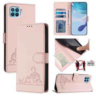 For OPPO Reon4 Lite / Reon4 F Cat Rat Embossed Pattern RFID Leather Phone Case with Lanyard(Pink)