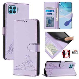 For OPPO Reon4 Lite / Reon4 F Cat Rat Embossed Pattern RFID Leather Phone Case with Lanyard(Purple)