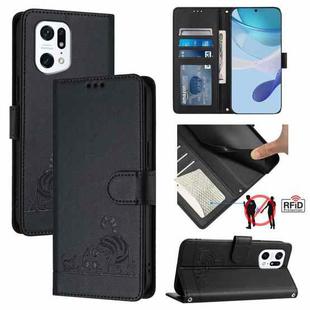 For OPPO Find X5 Cat Rat Embossed Pattern RFID Leather Phone Case with Lanyard(Black)