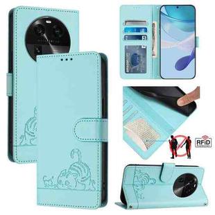 For OPPO Find X6 Cat Rat Embossed Pattern RFID Leather Phone Case with Lanyard(Mint Green)