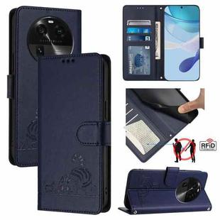 For OPPO Find X6 Cat Rat Embossed Pattern RFID Leather Phone Case with Lanyard(Blue)