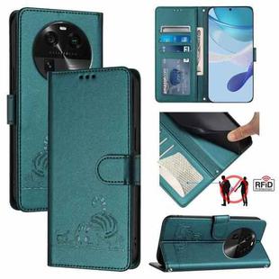 For OPPO Find X6 Pro Cat Rat Embossed Pattern RFID Leather Phone Case with Lanyard(Peacock Green)