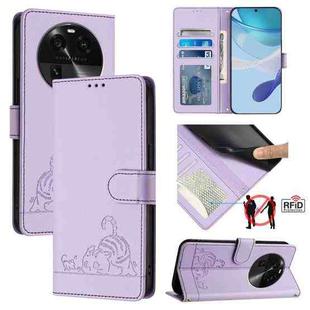 For OPPO Find X6 Pro Cat Rat Embossed Pattern RFID Leather Phone Case with Lanyard(Purple)