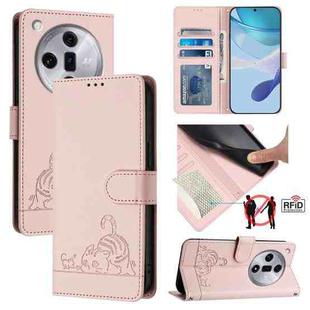 For OPPO Find X7 Cat Rat Embossed Pattern RFID Leather Phone Case with Lanyard(Pink)