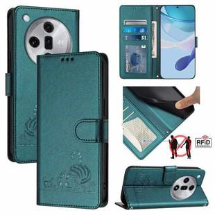 For OPPO Find X7 Cat Rat Embossed Pattern RFID Leather Phone Case with Lanyard(Peacock Green)