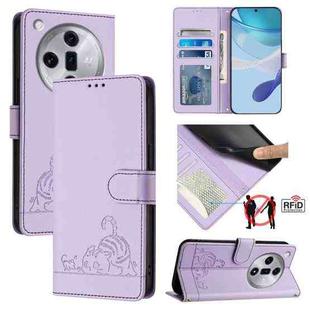 For OPPO Find X7 Cat Rat Embossed Pattern RFID Leather Phone Case with Lanyard(Purple)
