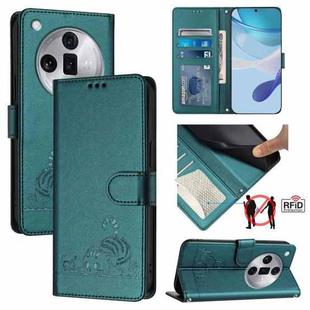 For OPPO Find X7 Ultra Cat Rat Embossed Pattern RFID Leather Phone Case with Lanyard(Peacock Green)