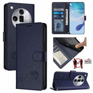 For OPPO Find X7 Ultra Cat Rat Embossed Pattern RFID Leather Phone Case with Lanyard(Blue)