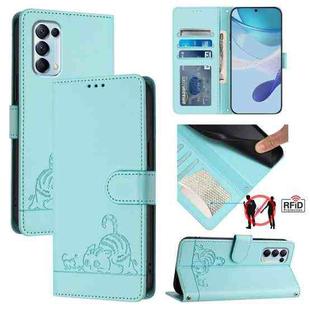 For OPPO Reno5 4G / Reno5 5G Cat Rat Embossed Pattern RFID Leather Phone Case with Lanyard(Mint Green)
