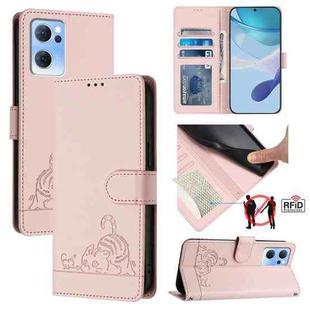 For OPPO Reno7 5G Global Cat Rat Embossed Pattern RFID Leather Phone Case with Lanyard(Pink)