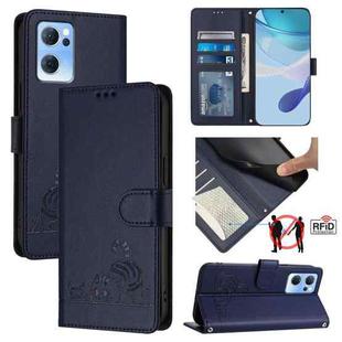 For OPPO Reno7 5G Global Cat Rat Embossed Pattern RFID Leather Phone Case with Lanyard(Blue)