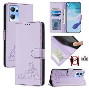 For OPPO Reno7 5G Global Cat Rat Embossed Pattern RFID Leather Phone Case with Lanyard(Purple)