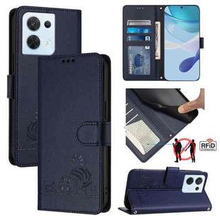 For OPPO Reno8 5G Global Cat Rat Embossed Pattern RFID Leather Phone Case with Lanyard(Blue)