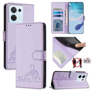 For OPPO Reno8 5G Global Cat Rat Embossed Pattern RFID Leather Phone Case with Lanyard(Purple)