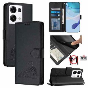 For OPPO Reno8 Pro 5G Global Cat Rat Embossed Pattern RFID Leather Phone Case with Lanyard(Black)