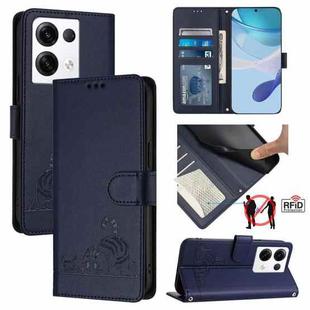 For OPPO Reno8 Pro 5G Global Cat Rat Embossed Pattern RFID Leather Phone Case with Lanyard(Blue)