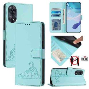 For OPPO Reno8 T 4G Global Cat Rat Embossed Pattern RFID Leather Phone Case with Lanyard(Mint Green)