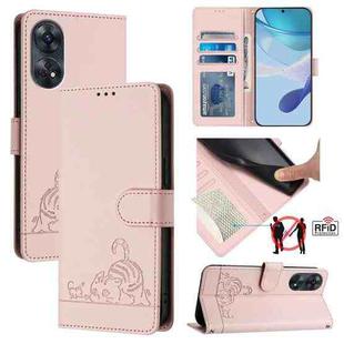 For OPPO Reno8 T 4G Global Cat Rat Embossed Pattern RFID Leather Phone Case with Lanyard(Pink)