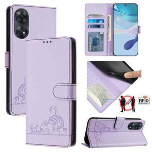For OPPO Reno8 T 4G Global Cat Rat Embossed Pattern RFID Leather Phone Case with Lanyard(Purple)