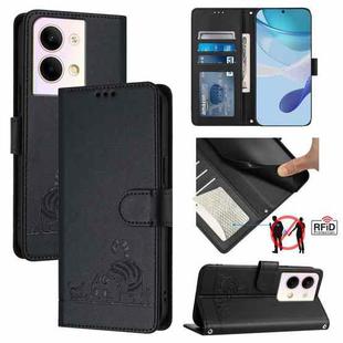 For OPPO Reno9 5G / Reno9 Pro 5G Cat Rat Embossed Pattern RFID Leather Phone Case with Lanyard(Black)