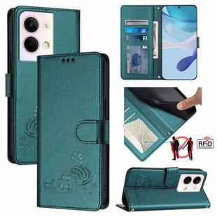 For OPPO Reno9 5G / Reno9 Pro 5G Cat Rat Embossed Pattern RFID Leather Phone Case with Lanyard(Peacock Green)