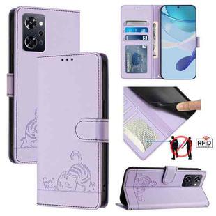 For OPPO Reno9 A Cat Rat Embossed Pattern RFID Leather Phone Case with Lanyard(Purple)