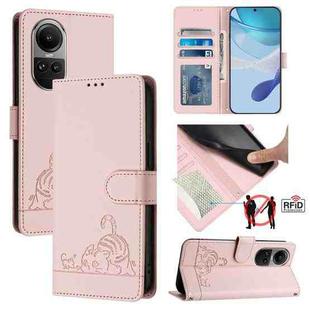 For OPPO Reno10 Pro Global Cat Rat Embossed Pattern RFID Leather Phone Case with Lanyard(Pink)