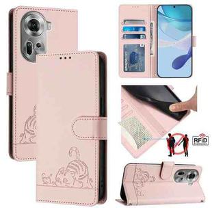 For OPPO Reno11 5G Global Cat Rat Embossed Pattern RFID Leather Phone Case with Lanyard(Pink)