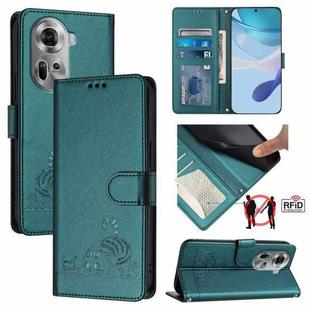 For OPPO Reno11 5G Global Cat Rat Embossed Pattern RFID Leather Phone Case with Lanyard(Peacock Green)