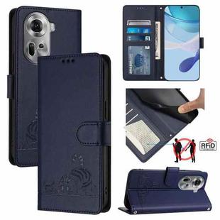 For OPPO Reno11 5G Global Cat Rat Embossed Pattern RFID Leather Phone Case with Lanyard(Blue)