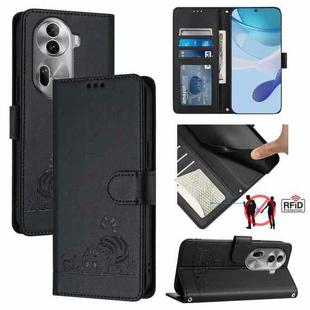 For OPPO Reno11 Pro 5G Global Cat Rat Embossed Pattern RFID Leather Phone Case with Lanyard(Black)