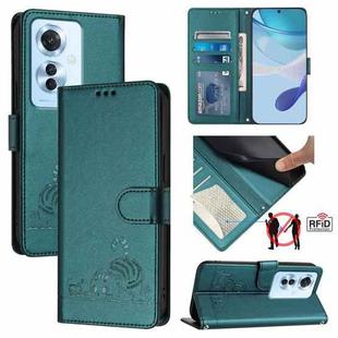 For OPPO Reno11 F 5G Global Cat Rat Embossed Pattern RFID Leather Phone Case with Lanyard(Peacock Green)