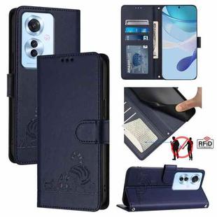 For OPPO Reno11 F 5G Global Cat Rat Embossed Pattern RFID Leather Phone Case with Lanyard(Blue)