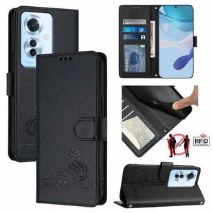 For OPPO F25 Pro 5G India Cat Rat Embossed Pattern RFID Leather Phone Case with Lanyard(Black)