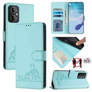 For OPPO Reno7 Lite Cat Rat Embossed Pattern RFID Leather Phone Case with Lanyard(Mint Green)