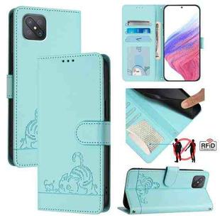 For OPPO A92S 5G Cat Rat Embossed Pattern RFID Leather Phone Case with Lanyard(Mint Green)