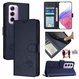 For OPPO Reno12 Pro Global Cat Rat Embossed Pattern RFID Leather Phone Case with Lanyard(Blue)