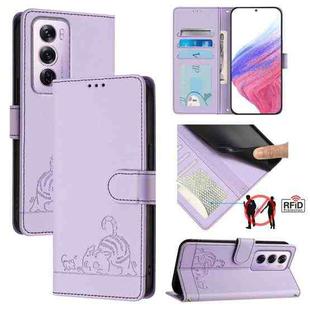 For OPPO Reno12 Pro Global Cat Rat Embossed Pattern RFID Leather Phone Case with Lanyard(Purple)